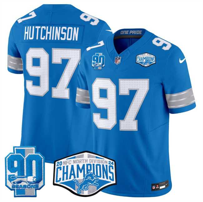 Mens Detroit Lions #97 Aidan Hutchinson Blue 2024 NFC North Champions 90th Anniversary Patch F.U.S.E. Vapor Limited Stitched Jersey